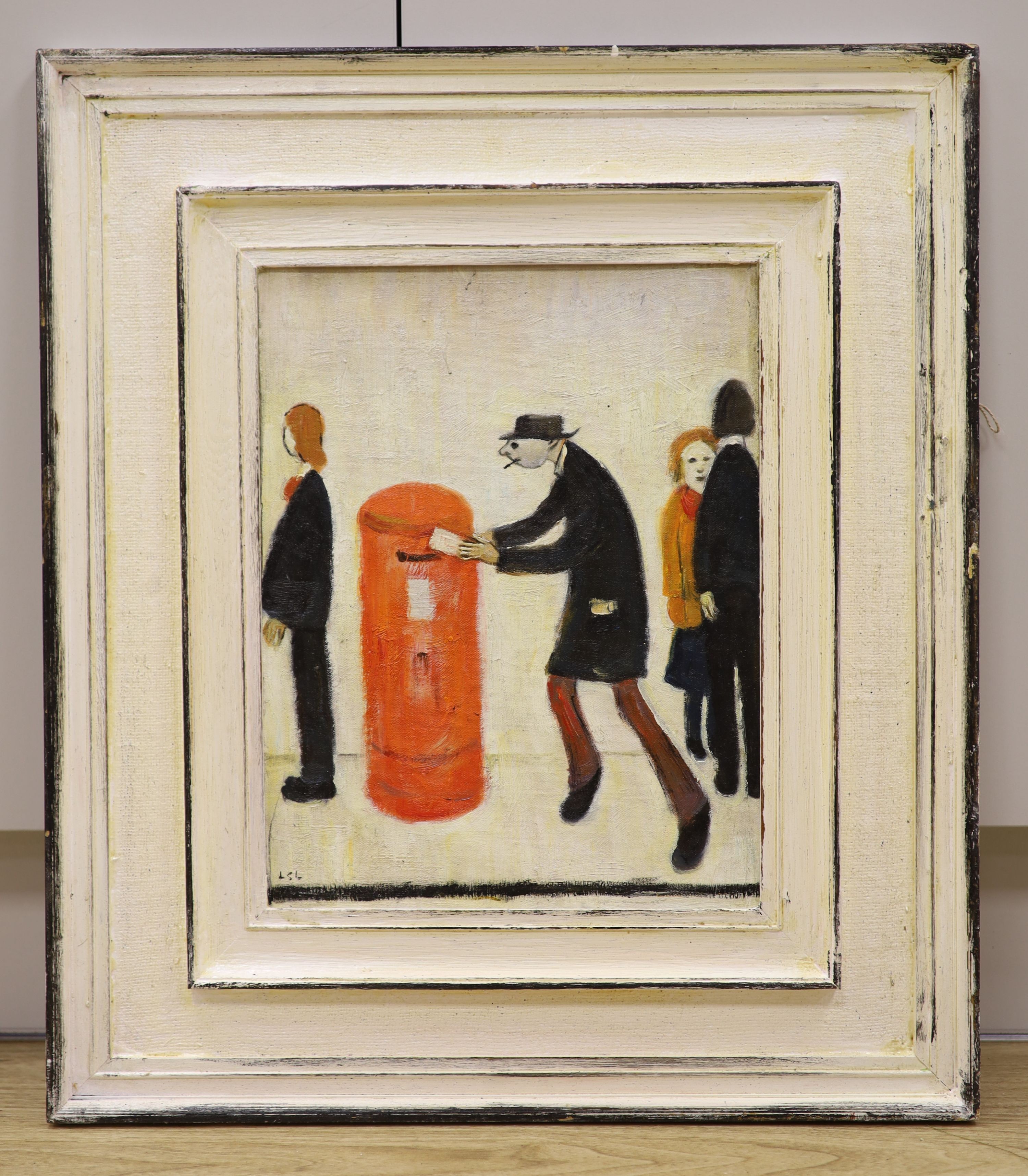 After Lowry, oil on board, Man posting a letter, bears initials, 38 x 29cm